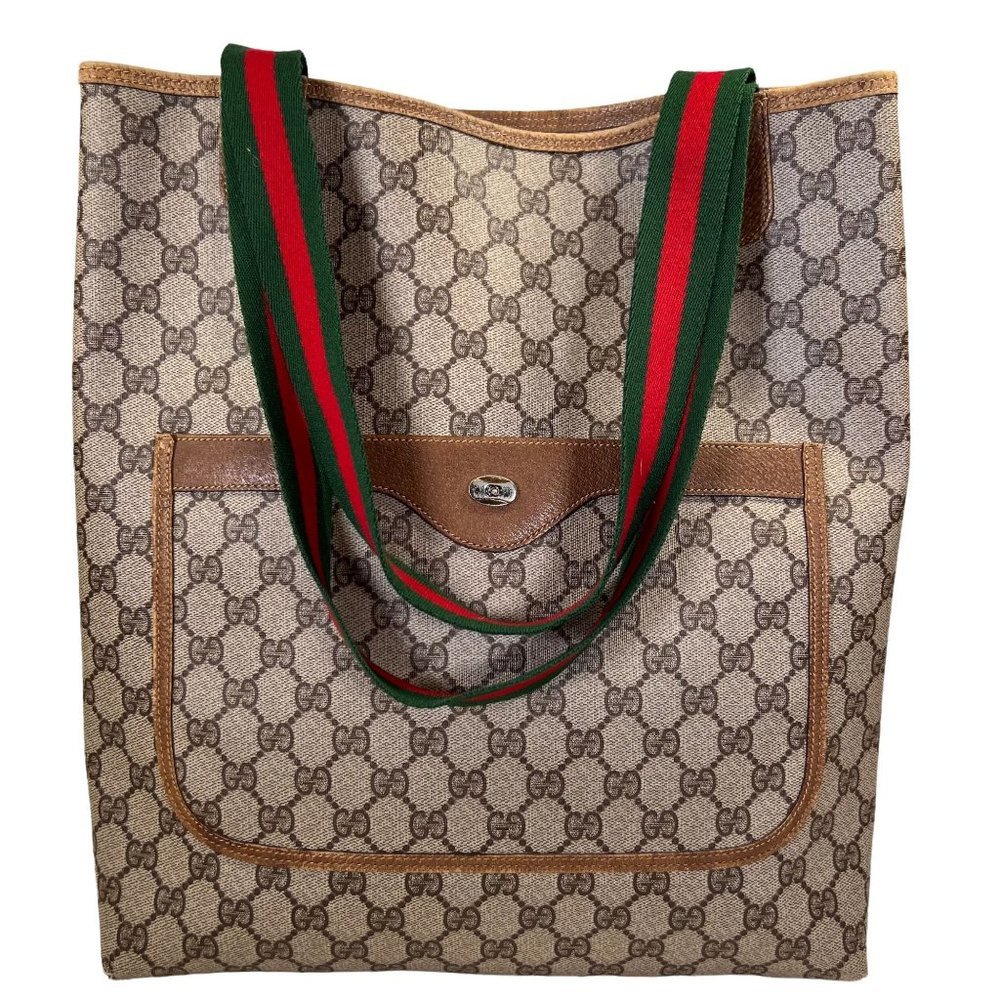 Authentic Gucci Tote Bag Brown PVC Used GG Handbag Vintage